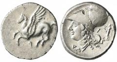 Greek CORINTHIA. Corinth. Circa 375-300 BC. Stater (Silver, 21 mm, 8.56 g, 4 h). Ϙ Pegasus flying left. Rev. Head of Athena to left, wearing Corinthian helmet; before, Δ; behind neckguard, I and Athen