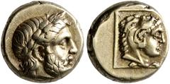 Greek LESBOS. Mytilene. Circa 377-326 BC. Hekte (Electrum, 11 mm, 2.54 g, 12 h), circa 333-326. Laureate head of Zeus to right. Rev. Head of Herakles to right, wearing lion skin headdress, within line