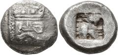 Greek LYCIA. Phaselis. Circa 530-500 BC. Stater (Silver, 19 mm, 10.74 g). Prow of a galley to right, terminating in a boar's forepart; below, small dolphin right. Rev. Incuse square divided by irregul