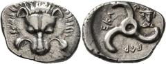 Greek DYNASTS OF LYCIA. Perikles, circa 380-360 BC. 1/3 Stater (Silver, 18 mm, 3.05 g, 12 h). Facing lion's scalp. Rev. 𐊓𐊁𐊕-𐊆𐊋𐊍-𐊁 ('Perikle' in Lycian) Triskeles; to right, facing head of Herme