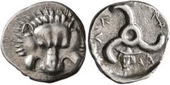 Greek DYNASTS OF LYCIA. Perikles, circa 380-360 BC. 1/3 Stater (Silver, 17 mm, 3.10 g, 1 h). Facing lion's scalp. Rev. 𐊓𐊁𐊕-𐊆𐊋-𐊍𐊁 ('Perikle' in Lycian) Triskeles; below, facing head of Hermes we