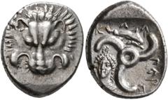 Greek DYNASTS OF LYCIA. Perikles, circa 380-360 BC. 1/3 Stater (Silver, 17 mm, 3.09 g, 6 h). Facing lion's scalp. Rev. 𐊓𐊁𐊕-𐊆-𐊋𐊍𐊁 ('Perikle' in Lycian) Triskeles; to left, draped bust of female 