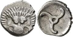 Greek DYNASTS OF LYCIA. Perikles, circa 380-360 BC. 1/3 Stater (Silver, 16 mm, 2.70 g). Facing lion's scalp. Rev. 𐊓𐊁𐊕-𐊆𐊋-𐊍𐊁 ('Perikle' in Lycian) Triskeles. BMC 157. SNG von Aulock 4255. The ob