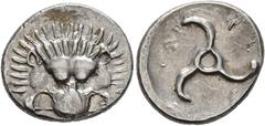 Greek DYNASTS OF LYCIA. Perikles, circa 380-360 BC. 1/3 Stater (Silver, 16 mm, 2.78 g). Facing lion's scalp. Rev. 𐊓𐊁𐊕-𐊆𐊋-𐊍𐊁 ('Perikle' in Lycian) Triskeles. BMC 157. SNG von Aulock 4255. The re