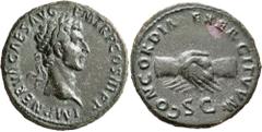 Roman Imperial Nerva, 96-98. As (Copper, 28 mm, 10.75 g, 7 h), Rome, 97. IMP NERVA CAES AVG P M TR P COS III P P Laureate head of Nerva to right. Rev. CONCORDIA EXERCITVVM / S C Clasped right hands. B