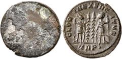Roman Imperial Constantine I (?), 307/310-337. Follis (Bronze, 17 mm, 2.45 g), uniface mint error, Treveri, 330-331. Blank. Rev. GLOR-IA EXERC-ITVS / TRP• Two soldiers standing facing each other, each
