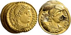 Roman Imperial Valentinian I, 364-375. Five Solidi (Gold, 21x7 mm, 25.85 g, 9 h). Includes Valentinian I and Gratian. A very interesting group. Scrapes and chisel marks on the reverse, and part of the