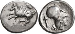 An old Swiss collection CORINTHIA. Corinth. Circa 400-375 BC. Stater (Silver, 21 mm, 8.38 g, 1 h). Ϙ Pegasus flying left. Rev. Head of Athena to right, wearing Corinthian helmet; behind neckguard, thy