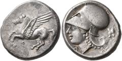 An old Swiss collection CORINTHIA. Corinth. Circa 375-300 BC. Stater (Silver, 21 mm, 8.52 g, 12 h). Ϙ Pegasus flying left. Rev. Head of Athena to left, wearing Corinthian helmet; below chin, A; behind