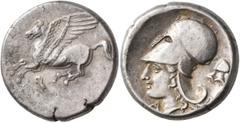 An old Swiss collection CORINTHIA. Corinth. Circa 375-300 BC. Stater (Silver, 21 mm, 8.63 g, 8 h). Ϙ Pegasus flying left. Rev. Head of Athena to left, wearing Corinthian helmet; before neck, A; behind