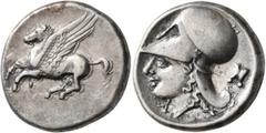 Greek CORINTHIA. Corinth. Circa 375-300 BC. Stater (Silver, 21 mm, 8.53 g, 10 h). Ϙ Pegasus flying left. Rev. Head of Athena to left, wearing Corinthian helmet; below chin, A; behind neckguard, astrag