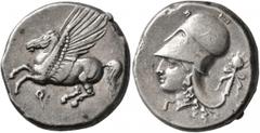 Greek CORINTHIA. Corinth. Circa 375-300 BC. Stater (Silver, 21 mm, 8.53 g, 7 h). Ϙ Pegasus flying left. Rev. Head of Athena to left, wearing Corinthian helmet; below chin, Γ; behind neckguard, fillete