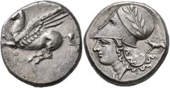Greek CORINTHIA. Corinth. Circa 375-300 BC. Stater (Silver, 20 mm, 8.53 g, 4 h). Ϙ Pegasus flying left. Rev. Head of Athena to left, wearing laureate Corinthian helmet; below, A-P; behind neckguard, b