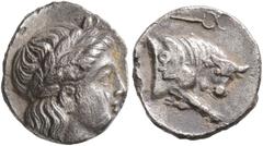 Greek MYSIA. Gambrion. Gorgion, circa 400 BC. Diobol (Silver, 12 mm, 1.56 g, 6 h). Laureate head of Apollo to right. Rev. Forepart of bull to right with right foreleg extended; above, kerykeion; on bu