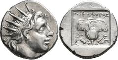 Greek ISLANDS OFF CARIA, Rhodos. Rhodes. Circa 88-84 BC. Drachm (Silver, 14 mm, 2.64 g, 12 h), 'Plinthophoric' coinage, Nikephoros, magistrate. Radiate head of Helios to right. Rev. ΝΙΚΗΦΟΡΟΣ / P - O 