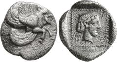 Greek DYNASTS OF LYCIA. Uvug, circa 470-440 BC. Diobol (Silver, 12 mm, 1.29 g, 7 h), uncertain mint. Forepart of a winged man-headed bull to right. Rev. 𐊒𐊇-𐊒𐊄 ('uwug' in Lycian) Head of Apollo to 