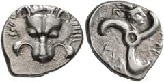 Greek DYNASTS OF LYCIA. Perikles, circa 380-360 BC. 1/3 Stater (Silver, 17 mm, 3.10 g, 12 h). Facing lion's scalp. Rev. 𐊓𐊁𐊕-𐊆𐊋𐊍-𐊁 ('Perikle' in Lycian) Triskeles; above, head of Hermes wearing 