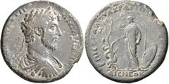 Roman Provincial MYSIA. Pergamum. Marcus Aurelius, 161-180. Medallion (Bronze, 39 mm, 33.56 g, 7 h), A. Tyllios Kratippos, strategos. [ΑY ΚΑΙ Μ] ΑYΡΗ ΑΝΤΩΝЄΙΝΟϹ Laureate, draped and cuirassed bust of 