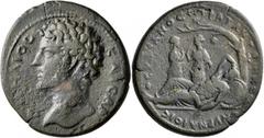 Roman Provincial IONIA. Smyrna. Marcus Aurelius, as Caesar, 139-161. Hexassarion (Bronze, 35 mm, 21.82 g, 12 h), Theudianos, strategos, circa 147-161. ΑYΡΗΛΙΟϹ ΚΑΙϹΑΡ Bare head of Marcus Aurelius to l