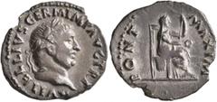 Roman Imperial Vitellius, 69. Denarius (Silver, 19 mm, 2.41 g, 7 h), Rome. A VITELLIVS GERM IMP AVG TR P Laureate head of Vitellius to right. Rev. PONT MAXIM Vesta seated to right on throne, holding p