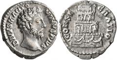 Roman Imperial Divus Marcus Aurelius, died 180. Denarius (Silver, 18 mm, 3.76 g, 12 h), Rome, 180. DIVVS M ANTONINVS PIVS Bare head of Divus Marcus Aurelius to right. Rev. CONSECRATIO Funeral pyre of 