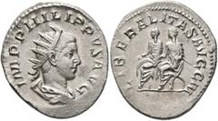 Roman Imperial Philip II, 247-249. Antoninianus (Silver, 23 mm, 3.95 g, 1 h), Rome, 249. IMP PHILIPPVS AVG Radiate, draped and cuirassed bust of Philip II to right, seen from behind. Rev. LIBERALITAS 