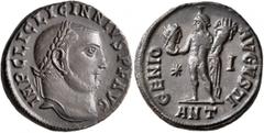 Roman Imperial Licinius I, 308-324. Follis (Bronze, 20 mm, 4.87 g, 11 h), Antiochia, 312. IMP C LIC LICINNIVS P F AVG Laureate head of Licinius to right. Rev. GENIO AVGVSTI / ✱ / I / ANT Genius standi