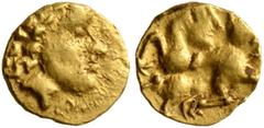 Greek CELTIC, Central Europe. Vindelici. Early 2nd century BC. 1/24 Stater (Gold, 6 mm, 0.32 g, 2 h), 'Androkephales Pferd II' type. Male head to right, wearing diadem (?) and long wavy hair. Rev. Man
