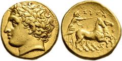 Greek SICILY. Syracuse. Agathokles, 317-289 BC. 50 Litrai or Dekadrachm (Gold, 15 mm, 4.29 g, 2 h), circa 317-310. Laureate head of Apollo to left. Rev. ΣYPA-K-OΣIΩN Charioteer driving fast biga to ri