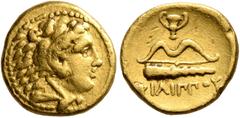 Greek KINGS OF MACEDON. Philip II, 359-336 BC. 1/4 Stater (Gold, 11 mm, 2.09 g, 11 h), Pella, struck under Philip II or Alexander III, circa 340-328. Head of Herakles to right, wearing lion skin headd