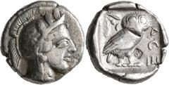 Greek ATTICA. Athens. Circa 430s BC. Tetradrachm (Silver, 24 mm, 17.13 g, 1 h). Head of Athena to right, wearing crested Attic helmet decorated with three olive leaves and palmette. Rev. AΘE Owl stand