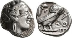 Greek ATTICA. Athens. Circa 420s-404 BC. Tetradrachm (Silver, 25 mm, 17.11 g, 9 h). Head of Athena to right, wearing crested Attic helmet decorated with three olive leaves and palmette; below eye, sma