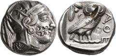 Greek ATTICA. Athens. Circa 420s-404 BC. Tetradrachm (Silver, 23 mm, 17.06 g, 8 h). Head of Athena to right, wearing crested Attic helmet decorated with three olive leaves and palmette; on cheek, coun