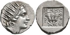 Greek ISLANDS OFF CARIA, Rhodos. Rhodes. Circa 88-84 BC. Drachm (Silver, 15 mm, 2.12 g, 12 h), 'Plinthophoric' coinage. Maes, magistrate. Radiate head of Helios to right. Rev. ΜΑΗΣ / P - O Rose with b