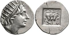 Greek ISLANDS OFF CARIA, Rhodos. Rhodes. Circa 88-84 BC. Drachm (Silver, 16 mm, 2.40 g, 12 h), 'Plinthophoric' coinage. Maes, magistrate. Radiate head of Helios to right. Rev. ΜΑΗΣ / P - O Rose with b