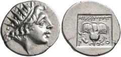 Greek ISLANDS OFF CARIA, Rhodos. Rhodes. Circa 88-84 BC. Drachm (Silver, 15 mm, 2.34 g, 12 h), 'Plinthophoric' coinage. Nikephoros, magistrate. Radiate head of Helios to right. Rev. ΝΙΚΗΦΟΡΟΣ / P - O 