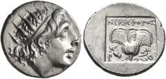 Greek ISLANDS OFF CARIA, Rhodos. Rhodes. Circa 88-84 BC. Drachm (Silver, 15 mm, 2.42 g, 12 h), 'Plinthophoric' coinage, Nikephoros, magistrate. Radiate head of Helios to right. Rev. ΝΙΚΗΦΟΡΟΣ / P - O 