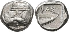 Greek LYCIA. Phaselis. Circa 500-440 BC. Stater (Silver, 22 mm, 10.70 g, 12 h). Forepart of a galley to left, terminating in a boar's forepart. Rev. ΘAΣ Stern of a galley to right; all within incuse s