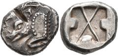 Greek DYNASTS OF LYCIA. Uncertain dynast, circa 500-480 BC. Stater (Silver, 22 mm, 9.22 g). Forepart of a boar to left. Rev. Incuse square, with indentations on three sides, divided by large X. Müsele