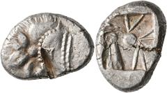 Greek DYNASTS OF LYCIA. Uncertain dynast, circa 500-480 BC. Stater (Silver, 23 mm, 9.74 g). Forepart of a boar to left. Rev. Incuse square with central pellet; linear triangles protruding from all sid