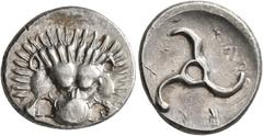 Greek DYNASTS OF LYCIA. Perikles, circa 380-360 BC. 1/3 Stater (Silver, 16 mm, 2.78 g). Facing lion's scalp. Rev. 𐊕𐊁𐊕-𐊆𐊋-𐊍𐊁 ('Perikle' in Lycian) Triskeles. BMC 157. SNG von Aulock 4255. The re