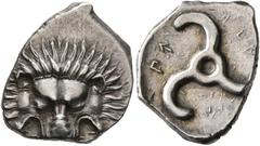 Greek DYNASTS OF LYCIA. Perikles, circa 380-360 BC. 1/3 Stater (Silver, 17 mm, 2.86 g). Facing lion's scalp. Rev. 𐊓𐊁𐊕-𐊆𐊋-𐊍𐊁 ('Perikle' in Lycian) Triskeles. BMC 155-7. Müseler VIII, 47-51. SNG 