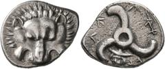 Greek DYNASTS OF LYCIA. Perikles, circa 380-360 BC. 1/3 Stater (Silver, 18 mm, 3.10 g, 1 h). Facing lion's scalp. Rev. 𐊓𐊁𐊕-𐊆𐊋-𐊍𐊁 ('Perikle' in Lycian) Triskeles; below, facing head of Hermes we