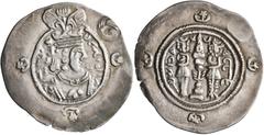 Central Asian SASANIAN KINGS. Yazdgard III, 632-651. Drachm (Silver, 33 mm, 4.00 g, 9 h), SK (Sistan), RY 8 = AD 640. Draped bust of Yazdgard III to right, wearing elaborate and winged mural crown; be