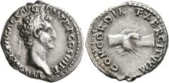Roman Imperial Nerva, 96-98. Denarius (Silver, 18 mm, 3.61 g, 6 h), Rome, 97. IMP NERVA CAES AVG P M TR P COS III P P Laureate head of Nerva to right. Rev. CONCORDIA EXERCITVVM Clasped right hands. BM