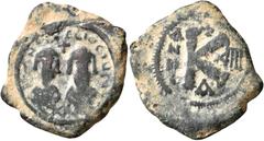 Byzantine Revolt of the Heraclii, 608-610. Half Follis (Bronze, 24 mm, 5.87 g, 1 h), Alexandria, 609-610. δmn ЄRACLIO CONSULII Busts of Heraclius the Younger and of his father the Exarch Heraclius, bo