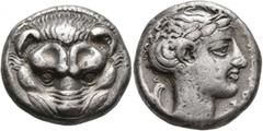 Greek BRUTTIUM. Rhegion. Circa 420-415/0 BC. Tetradrachm (Silver, 23 mm, 17.11 g, 4 h). Facing head of a lion. Rev. ΡHΓINOΣ Laureate head of Apollo to right; behind, olive sprig. Herzfelder - (D-/R56)