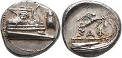 Greek LYCIA. Phaselis. 4th century BC. Stater (Silver, 21 mm, 10.38 g, 7 h). Prow of a galley to right; fighting platform decorated with a gorgoneion; before, cicada upward. Rev. ΦAΣ Stern of galley t