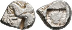 Greek DYNASTS OF LYCIA. Uncertain dynast, circa 500-470/60 BC. Stater (Silver, 21 mm, 9.40 g). Pegasos flying left. Rev. Facing lion scalp within incuse square. Müseler III, 34. Falghera -. SNG von Au