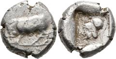 Greek DYNASTS OF LYCIA. Uncertain dynast, circa 490/80-440/30 BC. Stater (Silver, 18 mm, 8.80 g, 6 h), uncertain mint. Boar standing left. Rev. Bearded male head to left, wearing crested Corinthian he